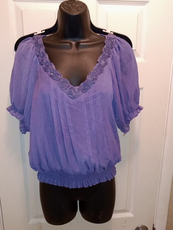 XOXO Tops - XOXO Purple Floral-Trim V-Neck Blouse With Camisole
